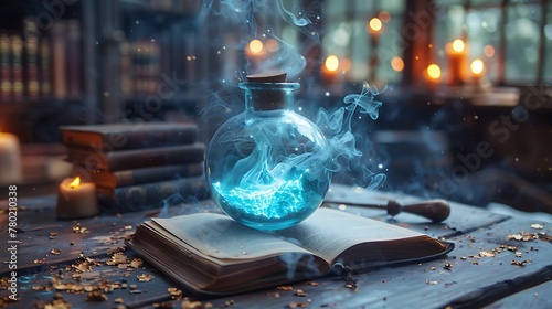 Blue Potion spell bottles with magic book and wand fantasy magic illustration