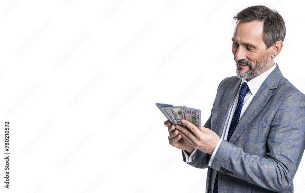 Financial investment. Businessman with money isolated on white. Businessman invest money in business. Successful business brings money. Successful business man investor. USD banknote