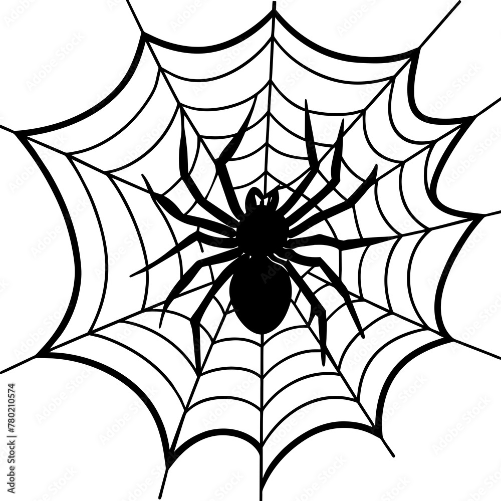 Obraz premium spider on web, black spider on web silhouette vector illustration,icon,svg,spider characters,Holiday t shirt,Hand drawn trendy Vector illustration,web on a white background