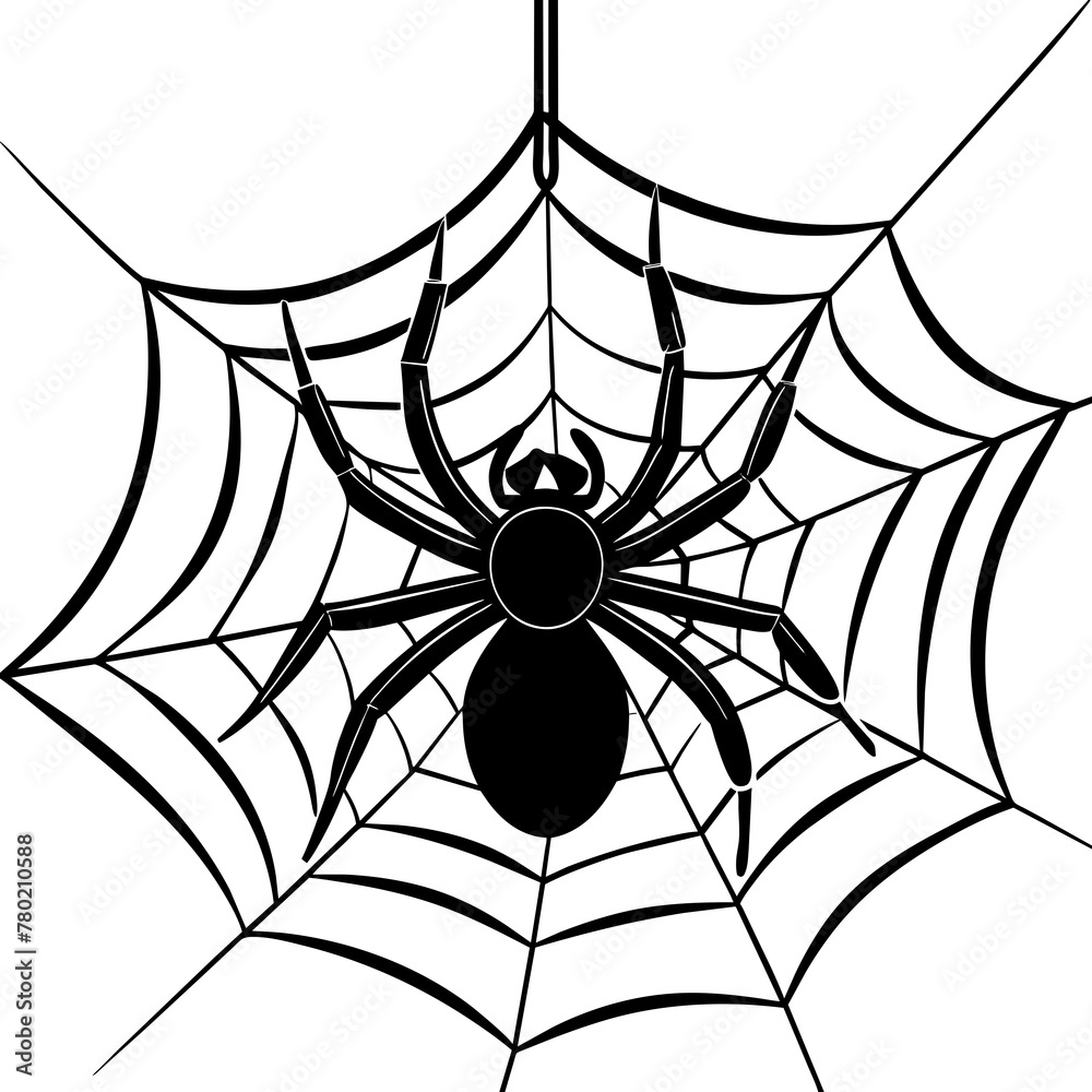 Obraz premium spider on web, black spider on web silhouette vector illustration,icon,svg,spider characters,Holiday t shirt,Hand drawn trendy Vector illustration,web on a white background