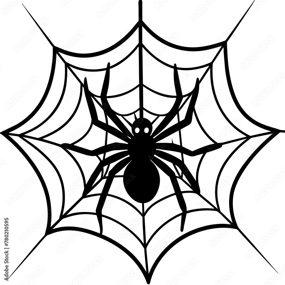 Obraz premium spider on web, black spider on web silhouette vector illustration,icon,svg,spider characters,Holiday t shirt,Hand drawn trendy Vector illustration,web on a white background