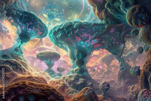 surreal alien ecosystem with organic formations and floating luminescent orbs photo