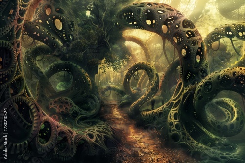 enchanted forest with steampunk-inspired mechanical trees in a fantastical landscape