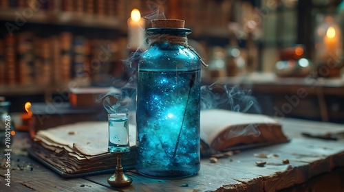 Blue Potion spell bottles with magic book and wand fantasy magic illustration