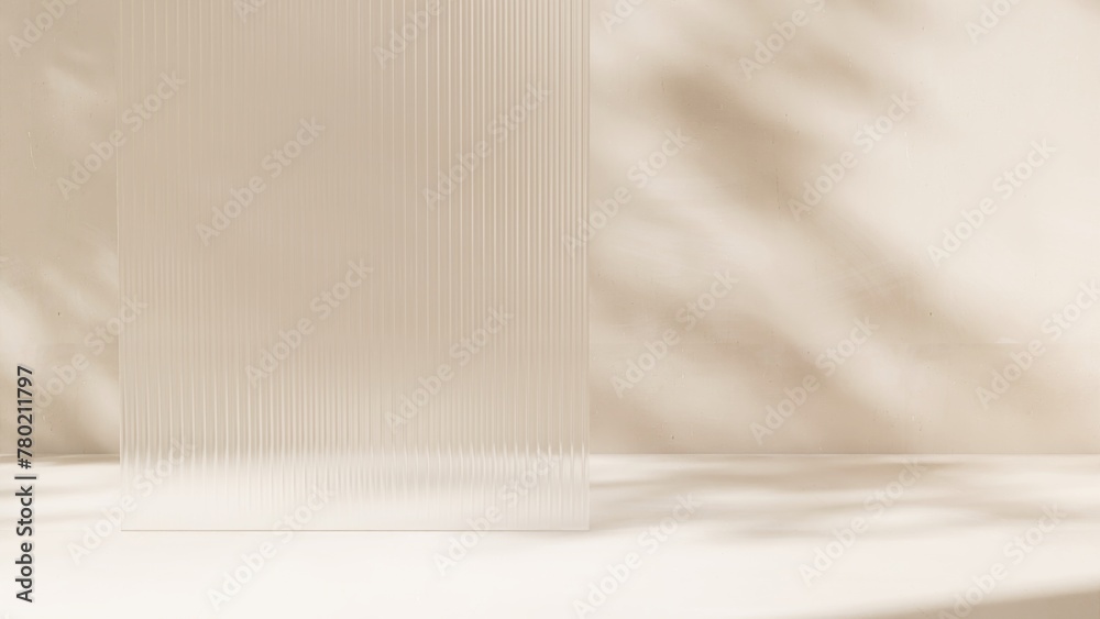 Obraz premium Clean fluted reeded glass in dappled sunlight, tree leaf shadow on white floor for modern, elegant, luxury fashion, beauty, cosmetic, skincare, body care, product background 3D