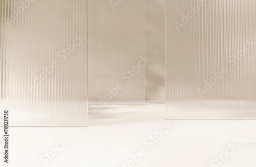 Three layers of clean fluted reeded glass in dappled sunlight, tree leaf shadow on white floor for modern, elegant, luxury fashion, beauty, cosmetic, skincare, body care, product background 3D