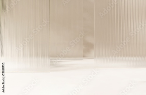 Three layers of clean fluted reeded glass in dappled sunlight, tree leaf shadow on white floor for modern, elegant, luxury fashion, beauty, cosmetic, skincare, body care, product background 3D photo