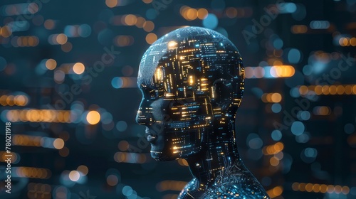 A man's head is made of computer chips and is surrounded by a blurry background. Concept of technology and artificial intelligence, with the man's head appearing almost robotic