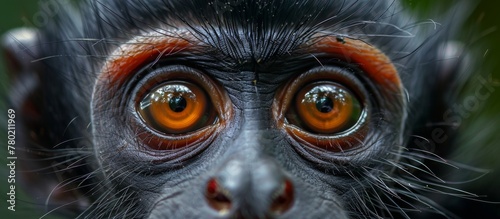 Close-up view of a monkey's face showing bright orange eyes and detailed facial features in sharp focus © LukaszDesign