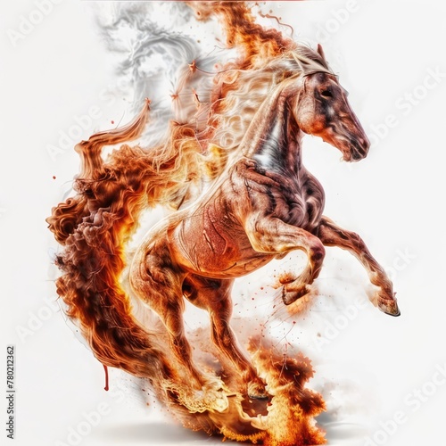 Running horse in red fire on white background. Generative AI
