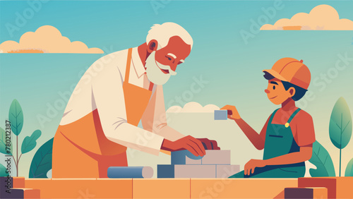 Amidst a bustling construction site a pair of hands belonging to an elderly volunteer gently teaches a younger volunteer how to lay bricks for