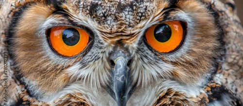 An up-close view of an owl showcasing vivid orange eyes and intricate feather details