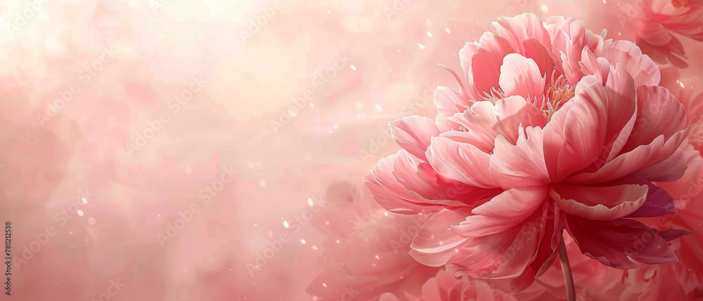 Close-up of a pink peony flower in full bloom, showcasing delicate petals with a soft bokeh background.