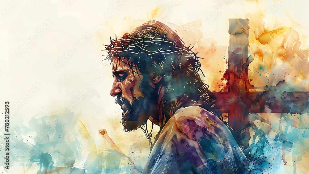 Watercolor painting of the Crucifixion of Jesus Christ on the crucifix ...