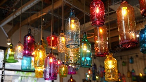 Hanging from the ceiling are unique chandeliers made from repurposed glass bottles each one filled with colorful LED lights. The lights are powered by a small but efficient biofuel .