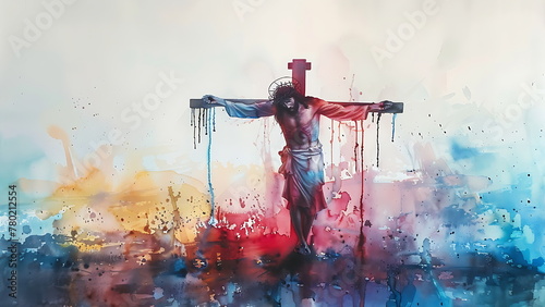 Watercolor painting of the Crucifixion of Jesus Christ on the crucifix cross before ascending to Heaven to be with God, Generative AI photo