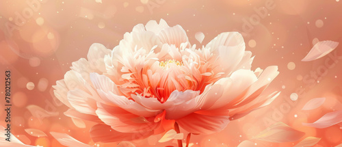 Close-up of a dreamlike pastel pink peony flower bathed in soft, warm light, invoking tranquility.
