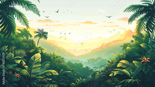 Beautiful Forest illustration  landscape  forest  jungle summer background design. with generative ai