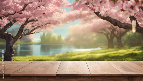 A painting of a cherry blossom tree on a wooden table photo