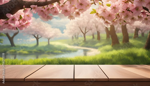A painting of a cherry blossom tree on a wooden table photo