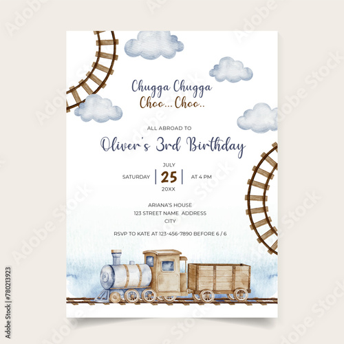 Birthday Invitation Card Template with Watercolor Wooden Train Theme
