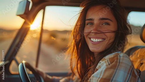 cheerful woman driving her car. generative ai