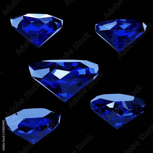 set of Blue diamonds, 3d illustration render, white,  Beuauty gem.
