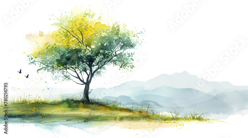 A beautiful watercolor landscape painting featuring a solitary tree with a reflection  evoking tranquility.