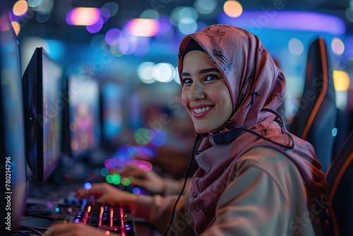 Muslim young woman playing video games in cybersports club and smiling happily