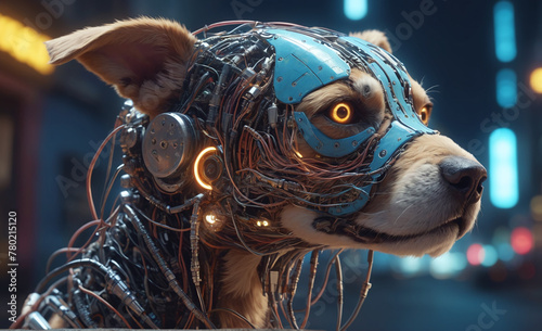 mechanical dog with many electric wires, detailed face, a mechanical eye, dynamic angle, intricate details