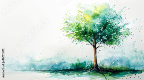 A beautiful watercolor landscape painting featuring a solitary tree with a reflection, evoking tranquility. © khonkangrua