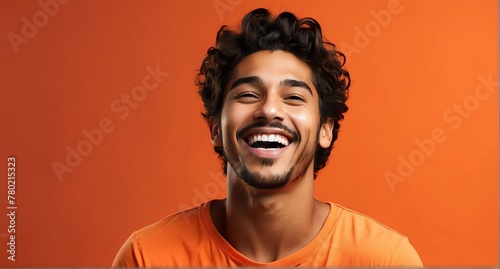 young hispanic man on plain bright orange background laughing hysterically looking at camera background banner template ad marketing concept from Generative AI