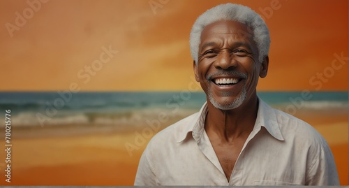 young jamaican elderly man on plain bright orange background laughing hysterically looking at camera background banner template ad marketing concept from Generative AI