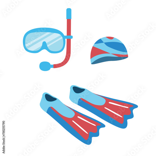 Diving equipment. Snorkeling set. Aqualung clip art. Scuba diving flippers, mask and snorkel. Summer element. Hello summer concept. Cartoon flat vector isolated on white background.