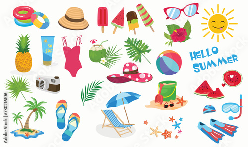 Summer vector set. Summer element collection. Summer holiday beach. Cartoon flat vector isolated on white bạckground