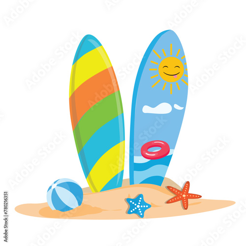 Surfboard vector set in tropical design. Surfing board or surfboard clip art. Hello summer concept. Summer element. Cartoon flat vector isolated on white background.