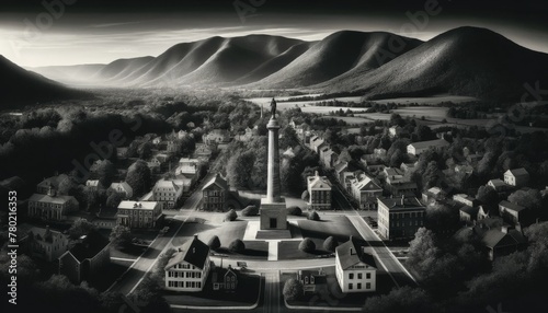 Monochrome Aerial View of Vermont s Capital - The Iconic State House and Circular Roadway Stand Out in the Lush Landscape Surrounded by a Ring of Mountains