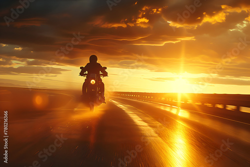 rider riding a motorcycle down a highway in sunset, yellow and orange light effect , clouds in sky , cinematic view