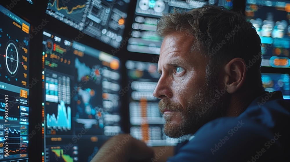 Elegant businessman in the dynamic world of finance and banking, surrounded by digital economic charts Elegant businessman in the dynamic world of finance and banking, surrounded by digital economic charts