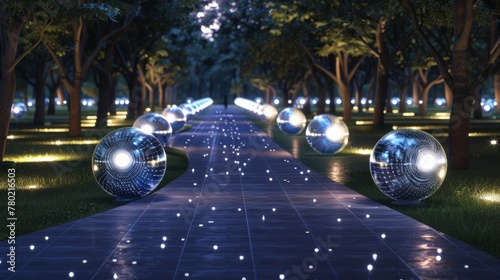 A nighttime shot of a park lined with spherical solar panels illuminating the pathway and creating a calming ecofriendly environment. . .