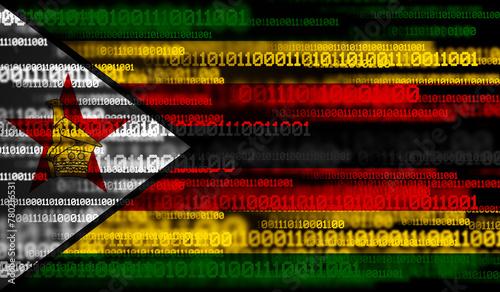 Flag of Zimbabwe on binary code. Modern technology concept 