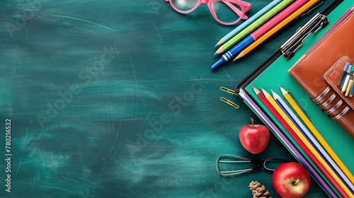 fundo fotográfico do dia do professor retrata uma mesa de sala de aula decorada com lápis, cadernos, livros e flores photo