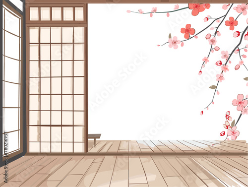 white background, A traditional Japanese tea house with sliding doors, in the style of animated illustrations, background, text-based