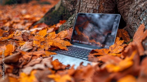 Laptop nestled in the heart of an age-old tree cavity, symbolizing the harmony between advanced technology and timeless nature photo