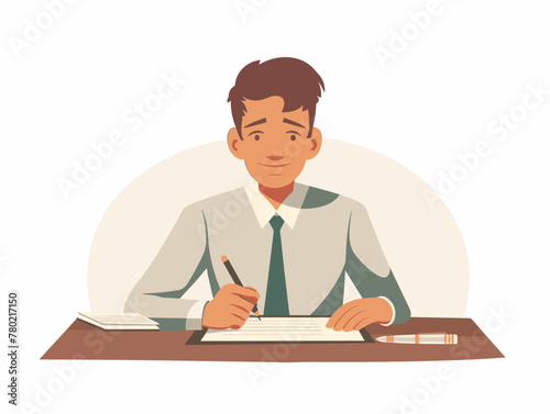 white background, Forcing employees to sign illegal contracts or agreements, in the style of animated illustrations, full body, only one man, text-based