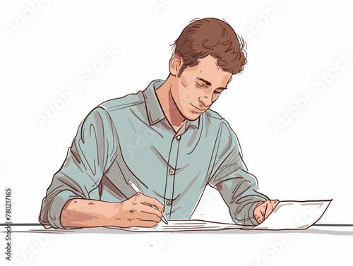 white background, Forcing employees to sign illegal contracts or agreements, in the style of animated illustrations, full body, only one man, text-based