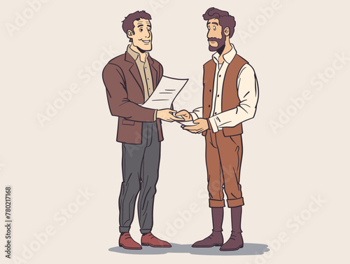 white background, Forcing employees to sign illegal contracts or agreements, in the style of animated illustrations, full body, only one man, text-based