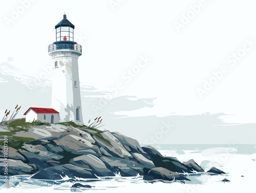 white background, A charming lighthouse on a rocky coastline., very simple and isolate in the style of animated illustrations, white background, text-based
