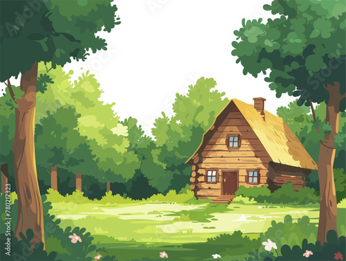 white background, A log cabin in a forest clearing, in the style of animated illustrations, background, text-based