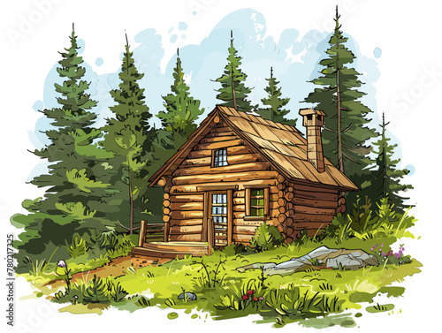 white background, A log cabin in a forest clearing, in the style of animated illustrations, background, text-based